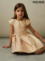Reiss Gold Nia 9-13 yrs Metallic Pleated Cap Sleeve Dress (E63075) | $130