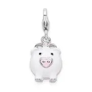 Sterling Silver Amore La Vita Rhodium-Plated Polished 3-D Enameled Pig Charm With Fancy Lobster Clasp