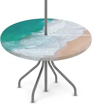 Outdoor Round Tablecloth with Umbrella Hole, Spring Decorations Table Cover Ocean Beach Round Fitted Table Cloths with Zipper 45"-56" Waterproof Elastic Edged Patio Table Cover for Party Picnic