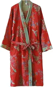 [PRINCESS BRIDE] Cotton Double Gauze Traditional Hanfu Midi-length Nightdress Printing Tie-belt Bathrobe Loose Pajamas Comfortable Nightgown Sweat Steaming Yukata Sauna Suit Sleepwear Kimono for Women Large(Red Bird)