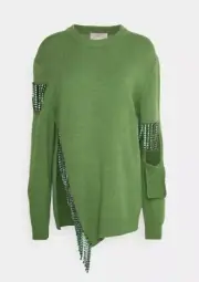 CHRISTOPHER KANE Green Sweater w/ Long Rhinestone Fringe & Arm Cutouts XS $1400!