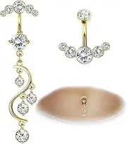 [Sanfenly] Crystal Belly Button Ring for Women Teen Unique 14G 316L Stainless Steel Dangle Belly Rings Belly Piercing Jewelry Navel Barbell Bling Crystals Body Jewelry