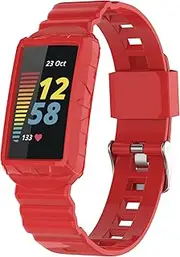 intended for Fitbit Charge 5 Bands with Bumper, TPU Sport Protective Case Rugged Protector Replacement Strap Accessories intended for Charge 5 Smart Watch (Red)