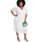 Knox Rose White Midi Dress 4X Button Up V-Neck Pockets Eyelet Short Puff Sleeve