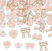 SUNNYCLUE 1 Box 40Pcs 4 Styles Pink Bow Charms Bowknot Charm Alloy Enamel Flat Lolita Cute Gold Bows Tie Heart Charm for Jewellery Making Charms DIY Keychain Bracelet Earrings Necklace Valentine's Day