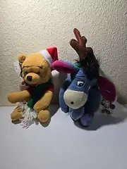 Disney Beanie Plush Mini EEYORE Christmas Reindeer & Christmas Pooh Disney Store