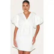 Plus White Cotton Gathered A-line Dress, White