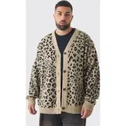 Mens Taupe Plus Brushed Knit Leopard Print Oversized Cardigan