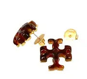 Auth NEW Tory Burch Gold & Tortoise Stud Roxanne Logo Earrings Card w Dust Bag
