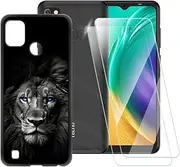 ESACMOT Dark Lion Pattern Case Compatible with Tecno Pop 4 Pro + [2 Pack] Screen Protector Tempered Glass, Shockproof Case Cover for Tecno Pop 4 Pro (6.52 inch)