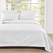 PHF Lightweight Quilt Set Full Queen Size, 3PCS Ultra Soft Ultrasonic Bedspread, Geometric Square Pattern Coverlet, Drop Nicely Bed Spread 90" x 96"with 2 Pillow Shams, White