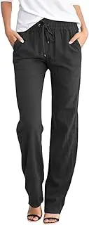 Womens Cotton Linen Pants Drawstring Elastic Waist Straight Leg Lounge Pants Loose Lightweight Comfy Beach Yoga Pants Pockets