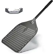 14" Perforated Pizza Peel, Aluminum Alloy 4 Color Handle Tool Shovel, Oven Hard Anodized Spatula, High Temperature Resistant Swivel, Hook Wall Rack (Black handle)