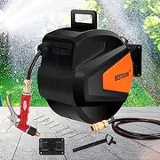 Retractable Garden Hose Reel, 30M+2M Water Hose Reel with Brass Spray Nozzle, Any Length Lock, Slow Return System, 180° Swivel Bracket Wall Mounted, for Watering Garden, Washing Cars & Pets