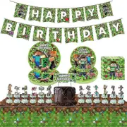 Minecraft Pixel Game Theme Party Supplies Decorations Banner, Tablecloth, Plates, Napkins, Cupcake Toppers Set