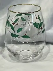 LENOX Christmas Wine Glasses Stemless Gold Rim Holly Berry Set Of 4