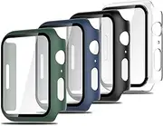 Simpeak 4-Pack Hard PC Case with Screen Protector Compatible with Apple Watch Series 9 Series 8 Series 7 (45mm), Built-in HD Tempered Glass Film Face Cover, Green+Navy+Black+Clear (45mm)