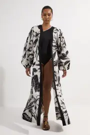 Plus Size Palm Border Print Cotton Voile Maxi Beach Dress