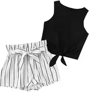[OYOANGLE] Girl's 2 Piece Outfits Summer Tie Knot Tank Top and Paperbag Waist Striped Shorts Set
