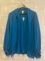 Chico's 2, Teal Blue Draped Scarf Button Up Blouse, Women's Large Retail $89