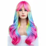 Rainbow Ombre Wigs Long Wavy Wig for Women with Bangs Colorful Ombre Costume Curly Heat Resistant Synthetic Hair Wigs for Carnival