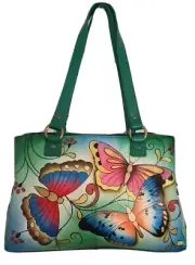 Anuschka Hand Painted Leather Multi Compartment Tote Bag-Henna Butterfly Green