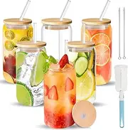 [Welbellete] Drinking Glasses with Bamboo Lids and Glass Straw,16oz Can Shaped Glass Cups, Beer Glasses, Iced Coffee Cups, Clear Glass Tumbler with Straw, for Cocktail, Whiskey, Gift Set(6 Pack)