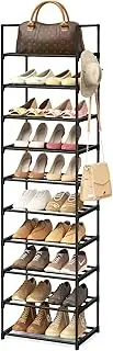 WEXCISE Narrow Shoe Rack 10 Tiers Tall Shoe Rack for Entryway 20 24 Pairs Shoe & Boots Organizer Storage Shelf Durable Black Metal Stackable Shoe Cabinet with Hooks, 17.1D x 11.8W x 78.7H in
