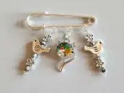 Handmade One Of A Kind safety pin brooch with cats, birds and crystal beads