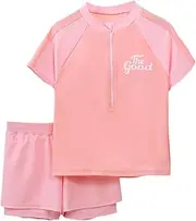 [Moggemol] Kids Girls Matching Swim Outfit Piece Set Rash Guard Top with Quick Dry Swim Shorts