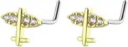 [Niaspi] 2Pcs 20G L-Shaped Plane Nose Rings for Women 316L Surgical Steel CZ Rhinestone Airplane Nose Studs Screws Rings Simple Nose Piercing Jewelry