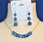 NWT Liz Claiborne Blue Sparkle Rhinestones Set 16" Necklace Pierced Earrings