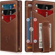 [ZALVEX] Wallet for Men Leather Wallets for 12-15 Cards, Slim Minimalist RFID Blocking Card Holder with Money Clip & ID Window, Redbrown, Minimalist