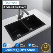 Granite Quartz Stone Overflow Black Kitchen Sink Double Bowls Basin Flush Mount