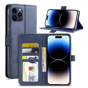 For Apple iPhone 14 Pro Case RFID Blocking Retro Flip Premium Leather Card Holder Wallet Cover – (Navy Blue)