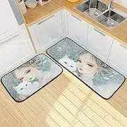 Kitchen Mats for Floor, 2 Piece, Anime Woman Cat White Funny Cute Washable Non-Slip Kitchen Rugs Set for Home & Office, Sink, Laundry, 19.7” x 27.6” + 19.7” + 47.2”