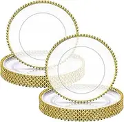 Didaey 24 Pack 13 Inch Clear Charger Plates Bulk Round Beaded Chargers Plates Plastic Decorative with Gold Beaded Rim for Kitchen Wedding Events Dinner Party Tabletop Home Decor