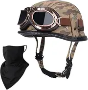 German Style Leather Vintage Open Face Retro Half Helmet Men Women Retro Street Motorcycle Helmet with mask Goggles for Chopper Pilot Moped Scooter Helmet, DOT Approved