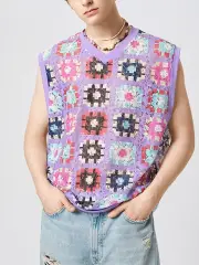 INCERUN Men Tank Top Fashion Color Block Print Sleeveless Top V-neck Summer Casual Mesh Lace Men Streetwear Clothing