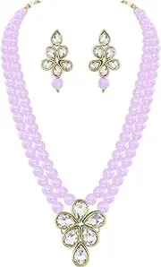 [Aheli] Purple Crystal Beads Studded Necklace with Drop Earrings Traditional Ethnic Jewellery Set for Women, One Size, Metal, No Gemstone