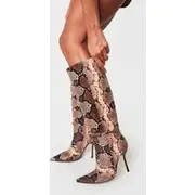 Snake PU Point Toe Knee High Stiletto Heeled Boots, Brown