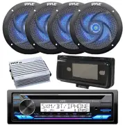 Marine Bluetooth CD Radio, Amp, 4x 5.25" 180W Blue LED Speakers, Cover (Black)