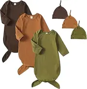 [OPAWO] Newborn Baby Cotton Sleeper Gown Unisex Knotted Sleeping Bag Romper Coming Home Outfits with Mitten Cuffs 0-6 Months