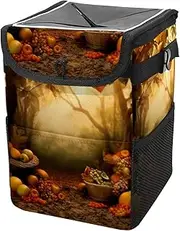 Car Trash Can with Lid and Storage Pockets Leak-Proof Organizer,Multipurpose Trash Bin for Car,Autumn Forest Harvest Fruit