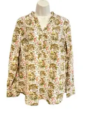 Talbots M cotton top white brown peach floral long sleeve V neck pleated button