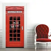 Door Sticker Murals Decals Wallpaper Peel and Stick, Wall Sticker Decal for Bedroom Home Decor Waterproof, Removable Premium Vinyl Upgrade, Red Telephone Pavilion London