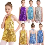 Girl Sequins Dance Leotard Halter Neck Pageant Party Romper Unitard Dancewear