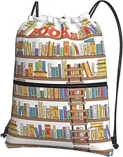 EdWal Funny Book Shelves Collection And Ladder Print Drawstring Backpack Gym Bags Sports Bags With Zipper Pocket For Travel Beach, Black, One Size