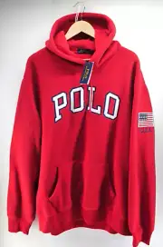 Polo Ralph Lauren Red Fleece Hoodie Spellout Sweatshirt USA Flag Patch Size 2XL