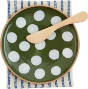 Mud Pie Dotted App Plate Set, 6 1/2" Dia, Spreader 5 1/2", Towel 21" x 14",Green